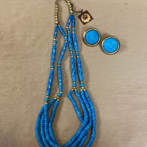 Carol for Eva Graham Vtg Beaded Turquoise Necklace & Pierced Earrings India NWT - Picture 3 of 10